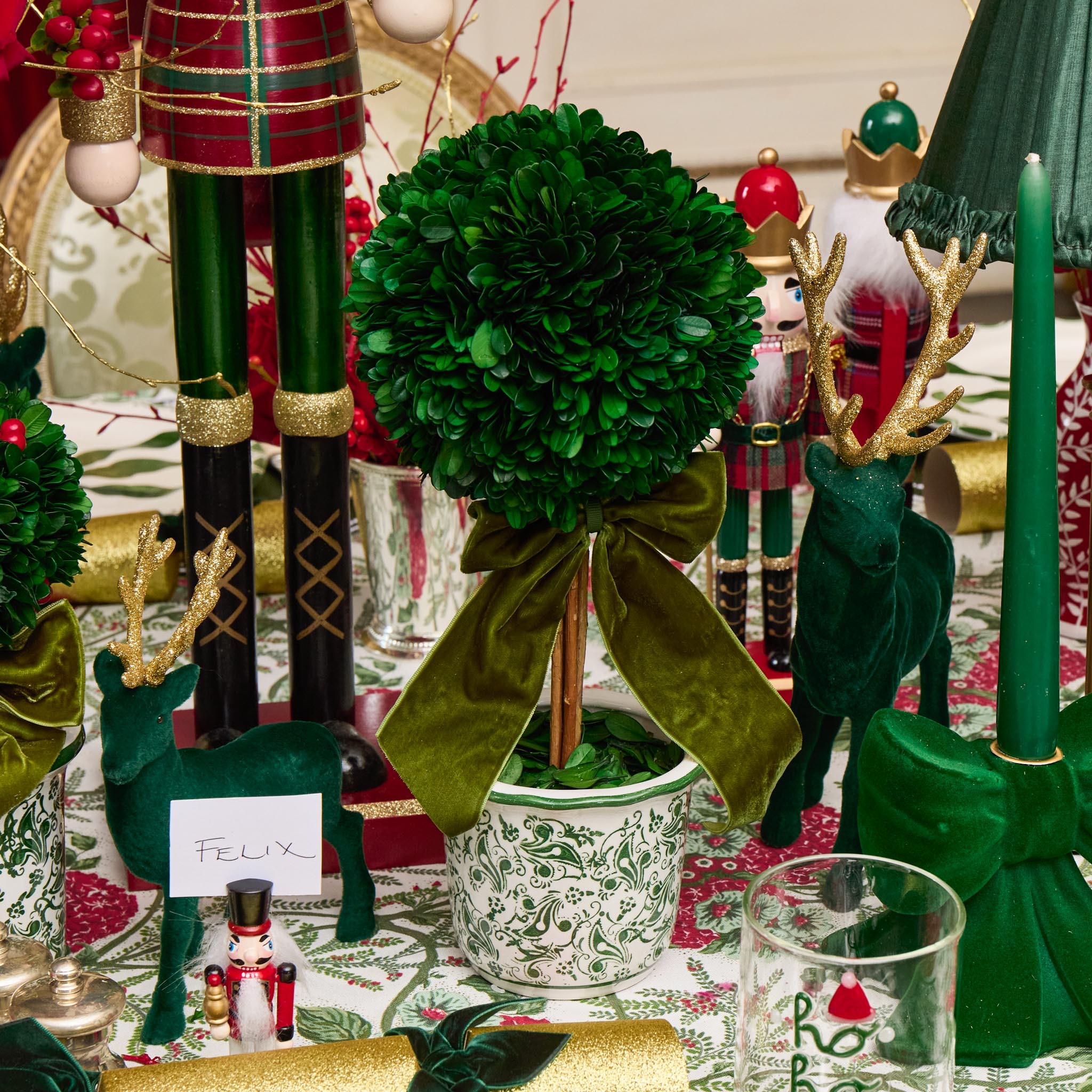 Large Green Ribboned Chinoiserie Potted Boxwood Balls (Pair)