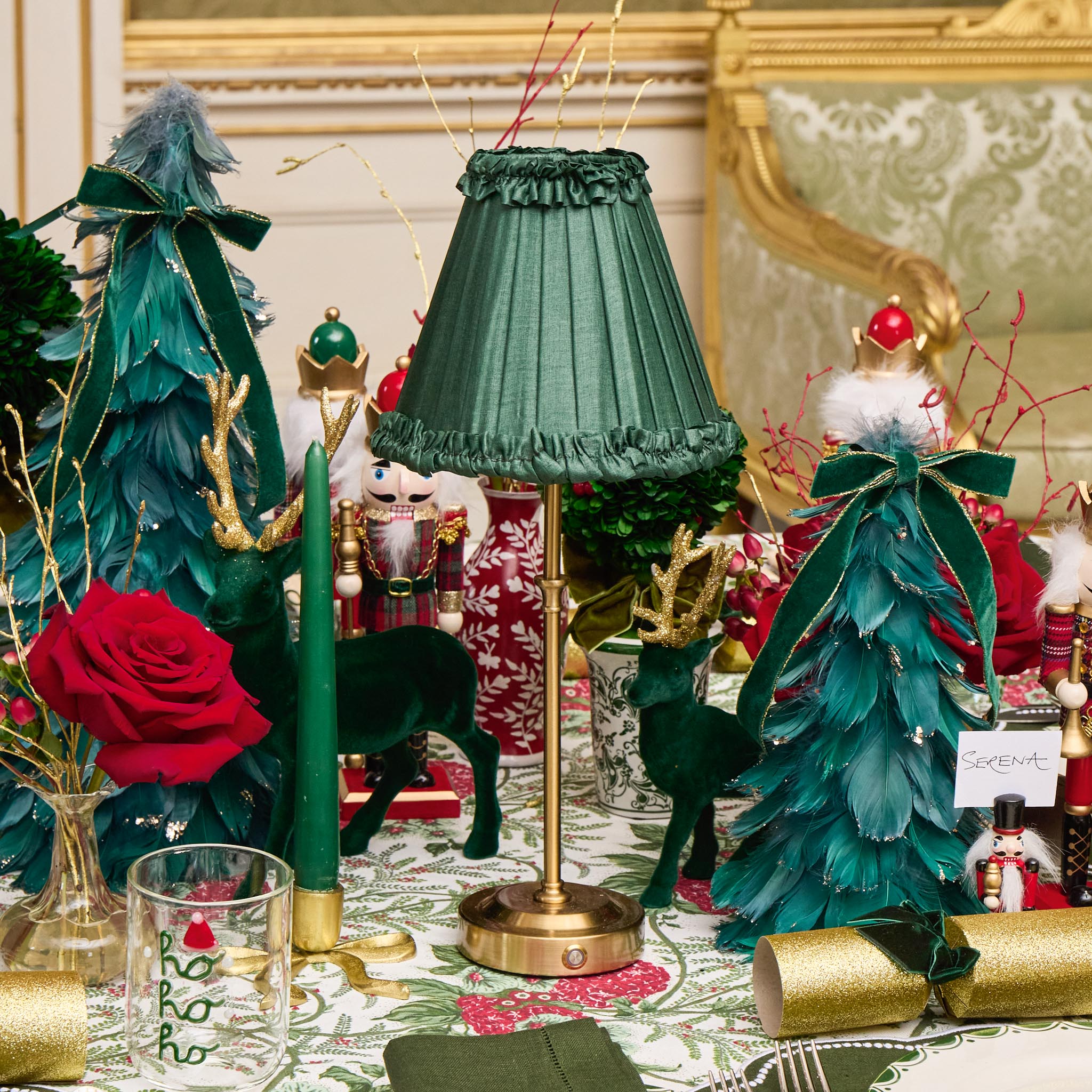 Edie Tall Rechargeable Lamp with Forest Green Frilled Silk Shade (18cm)