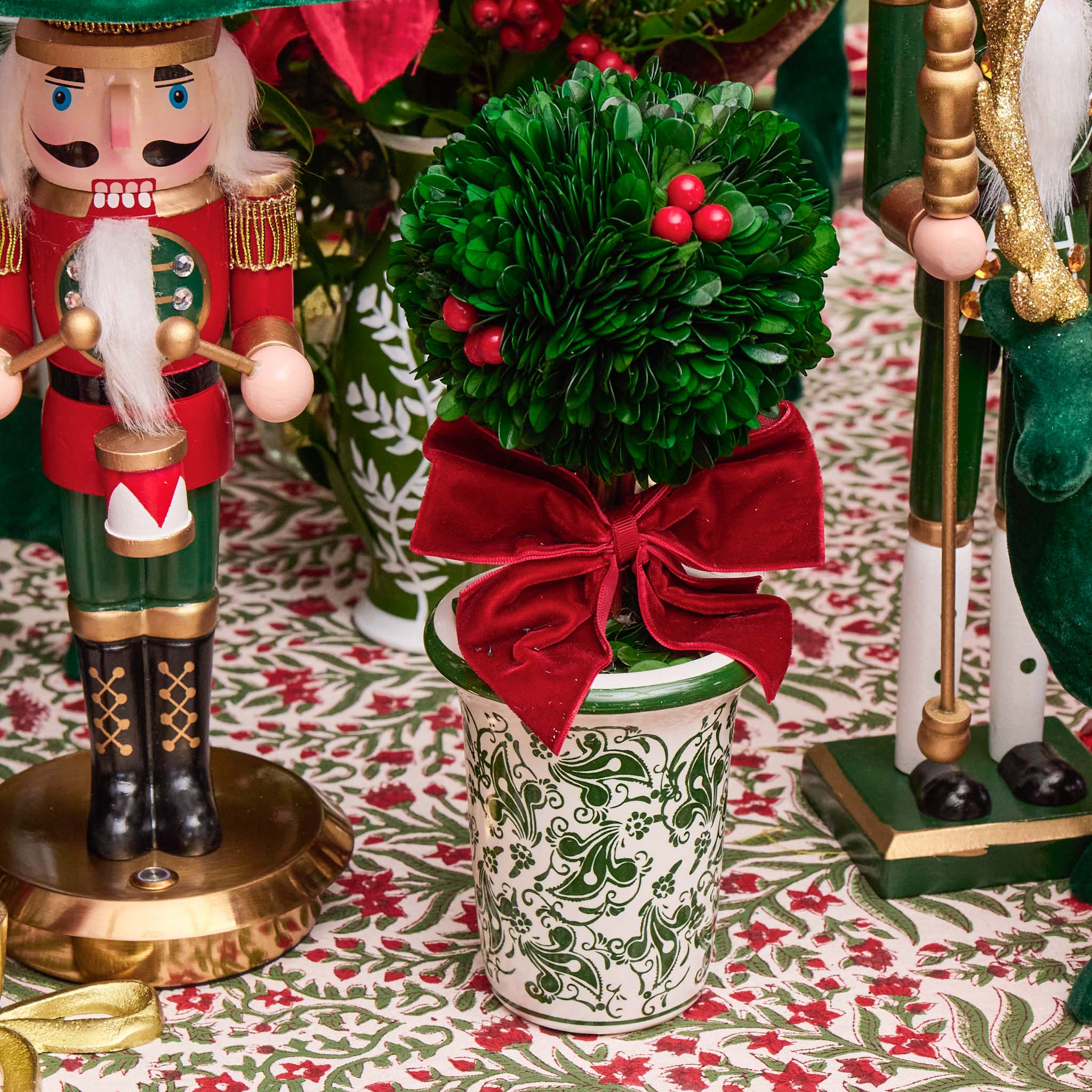 Red Ribboned Chinoiserie Potted Boxwood Balls with Berries (Pair)