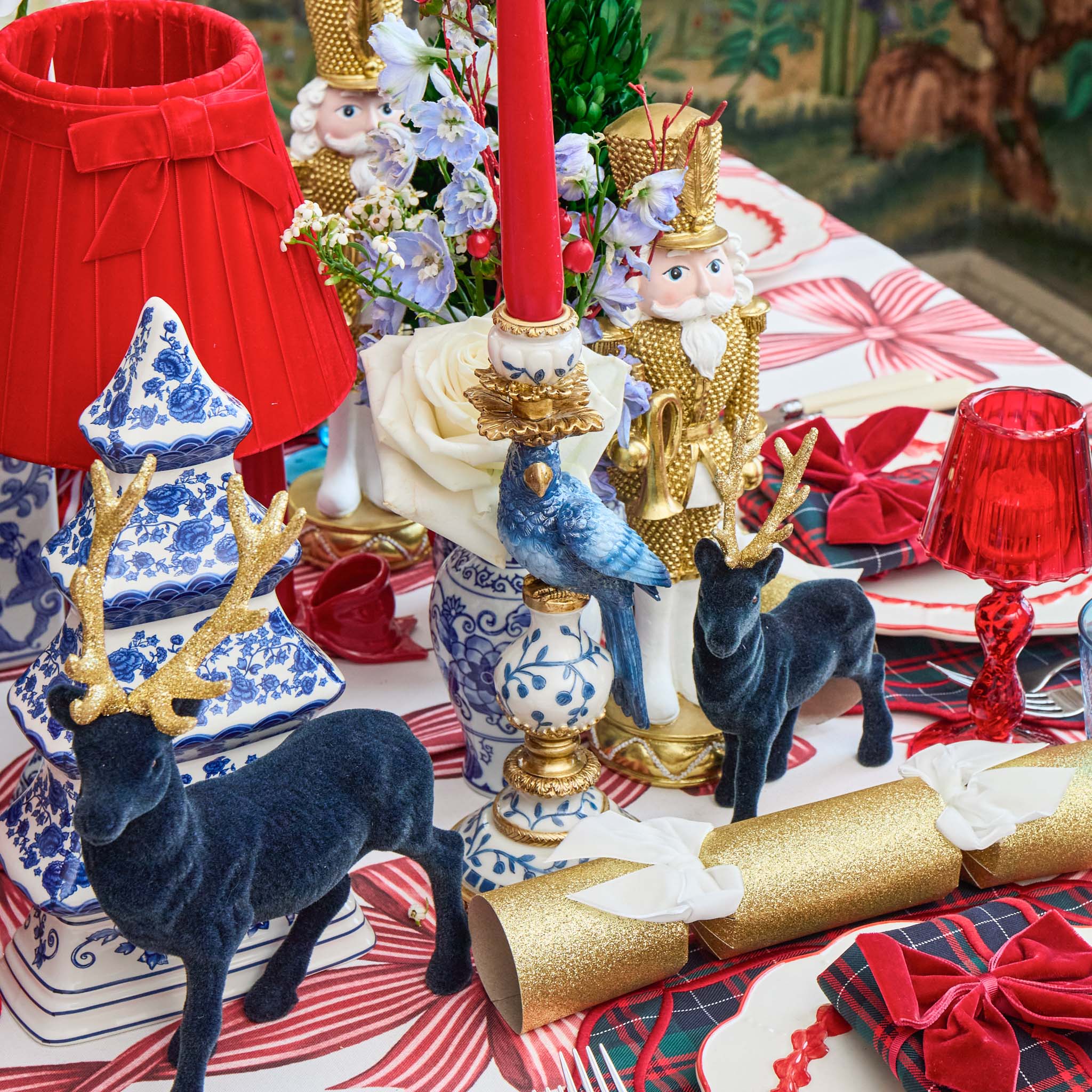 Small Flocked Navy Reindeers with Gold Antlers (Set of 4)