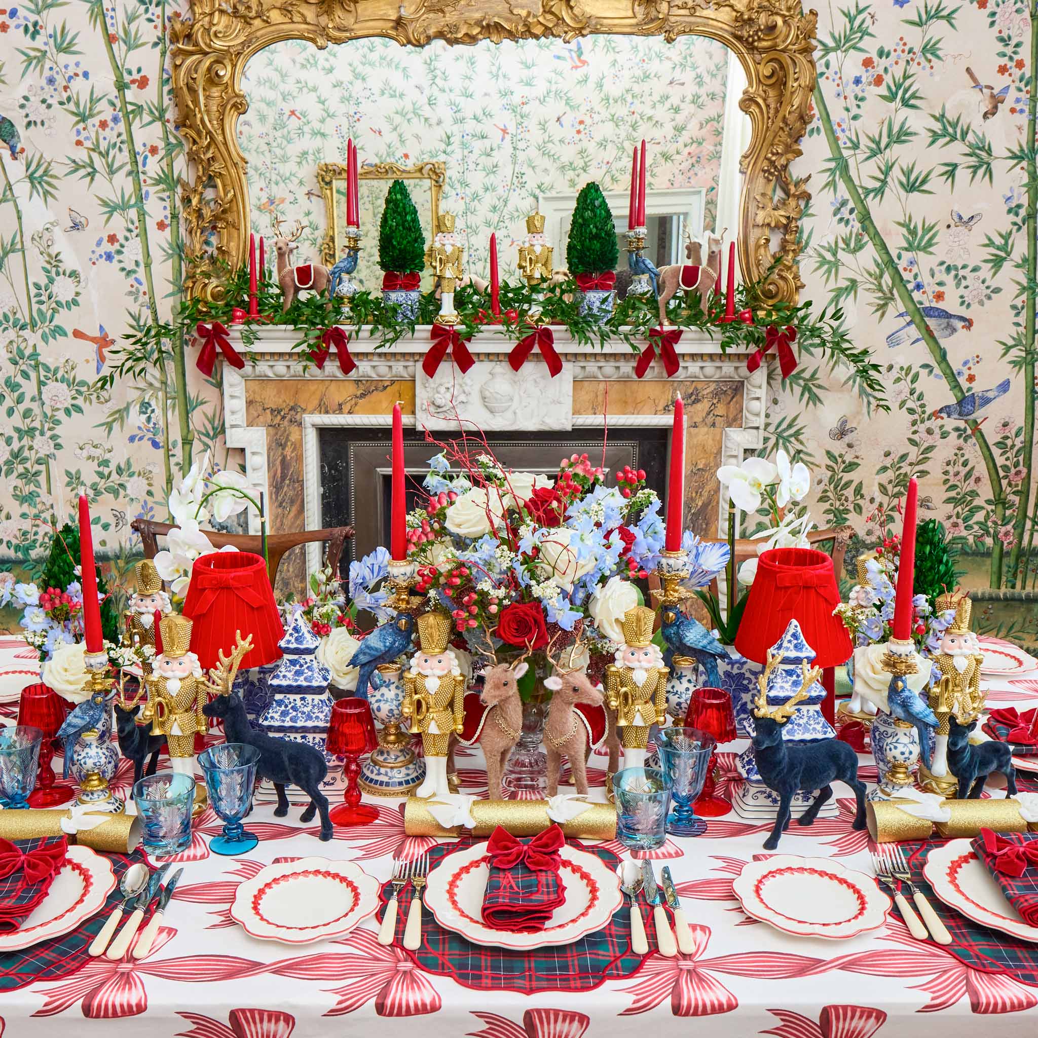 Serena Chinoiserie Rechargeable Lamp with Red Velvet Bow Shade (18cm)