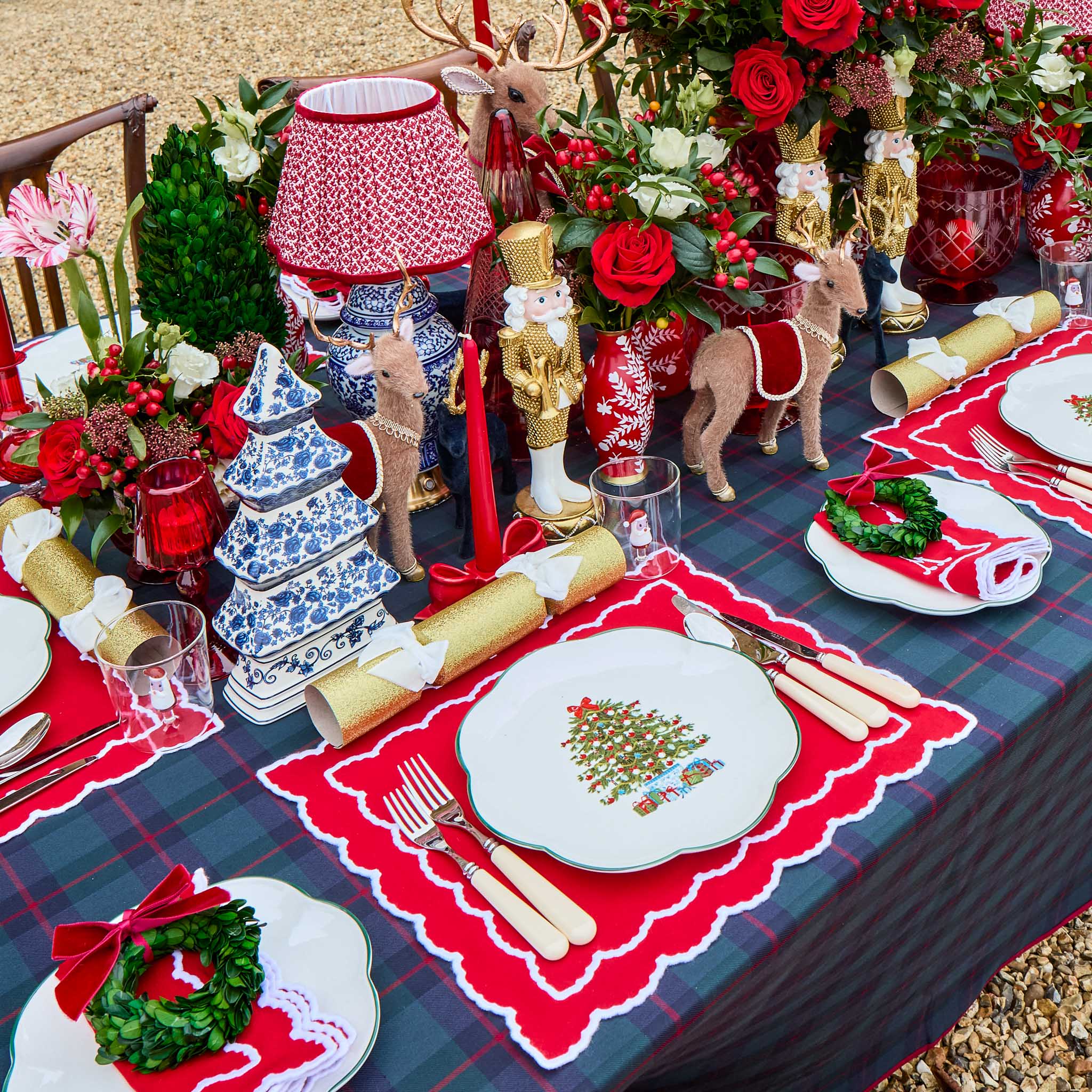 Decorative Christmas table setting with red and green theme