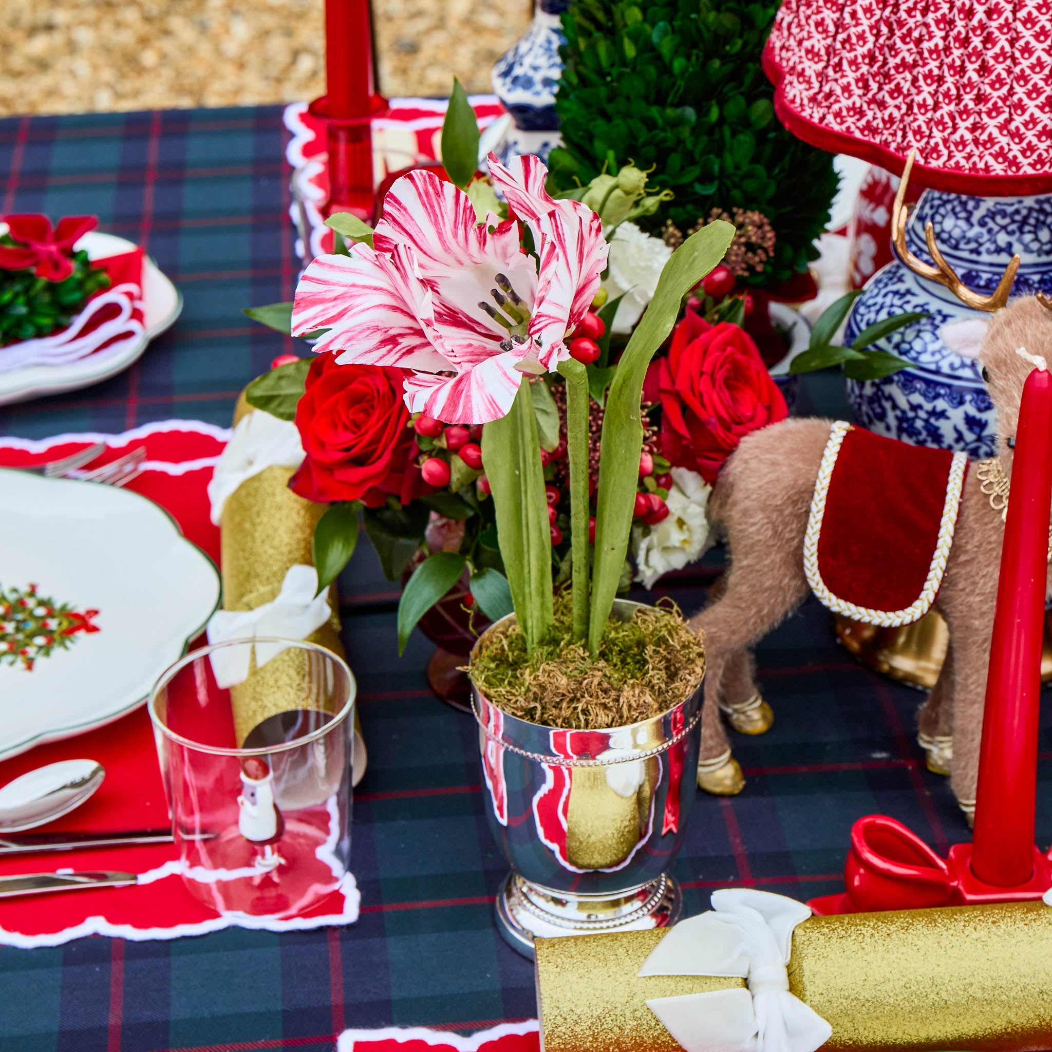 Mrs. Alice Handpainted Red Tulip in Silver Footed Vase