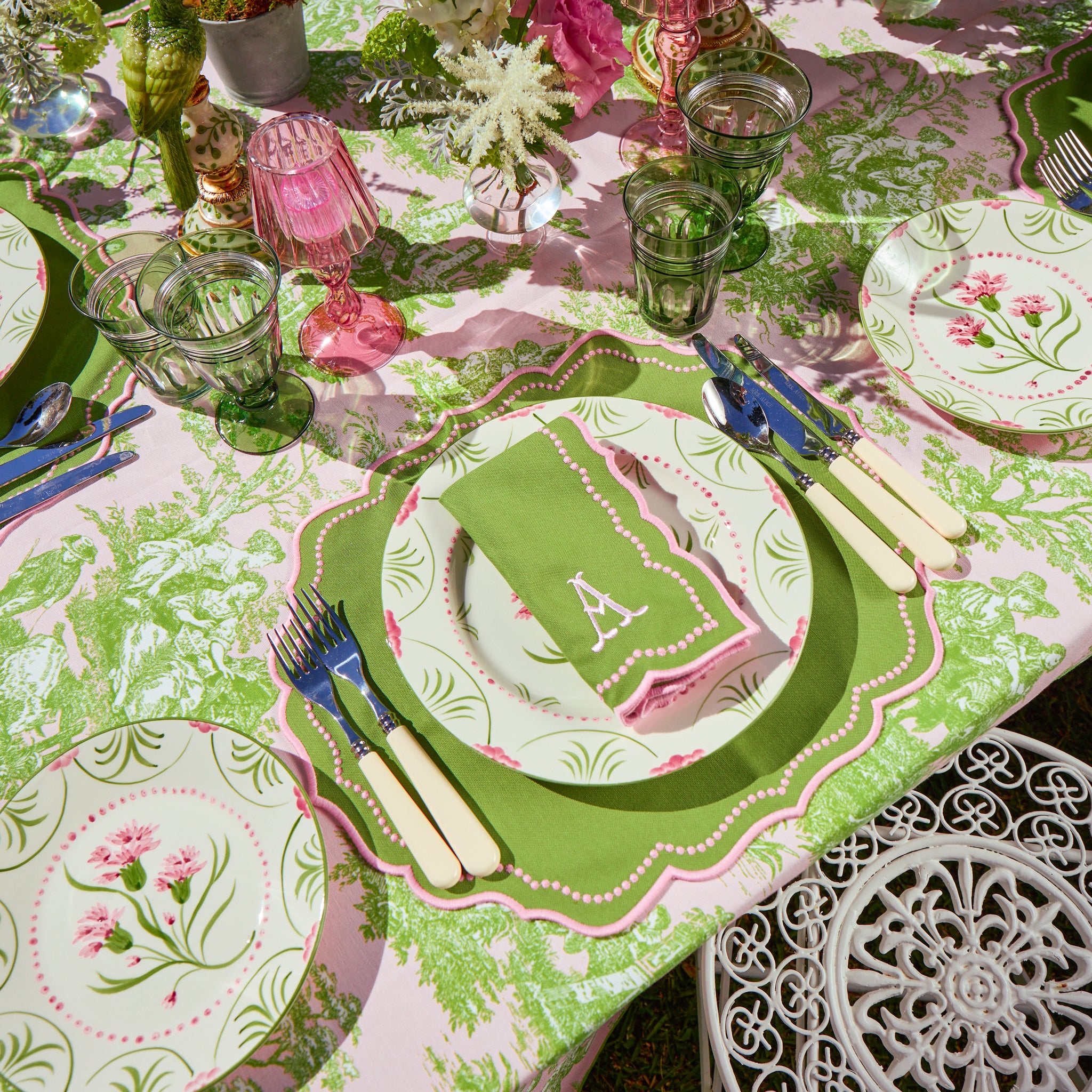 Pink & Green Ottilie Toile Tablecloth