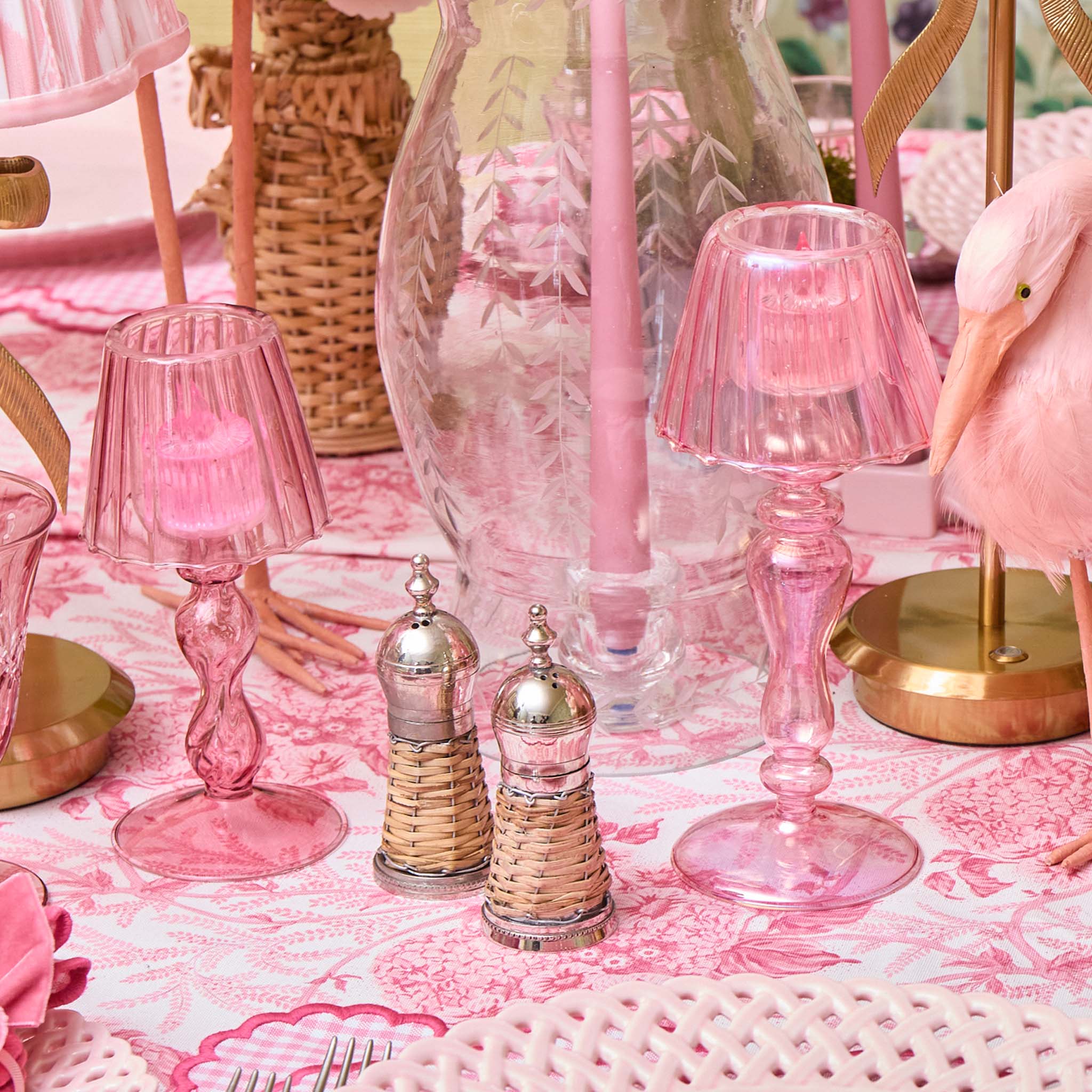 Pink Glass Lantern Tea Light Holder (Pair) - 24cm