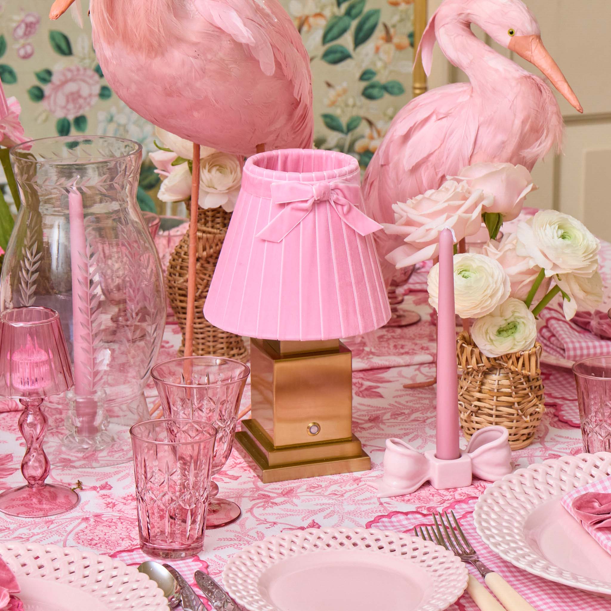 Square Rechargeable Lamp with Pink Velvet Bow Shade (18cm)