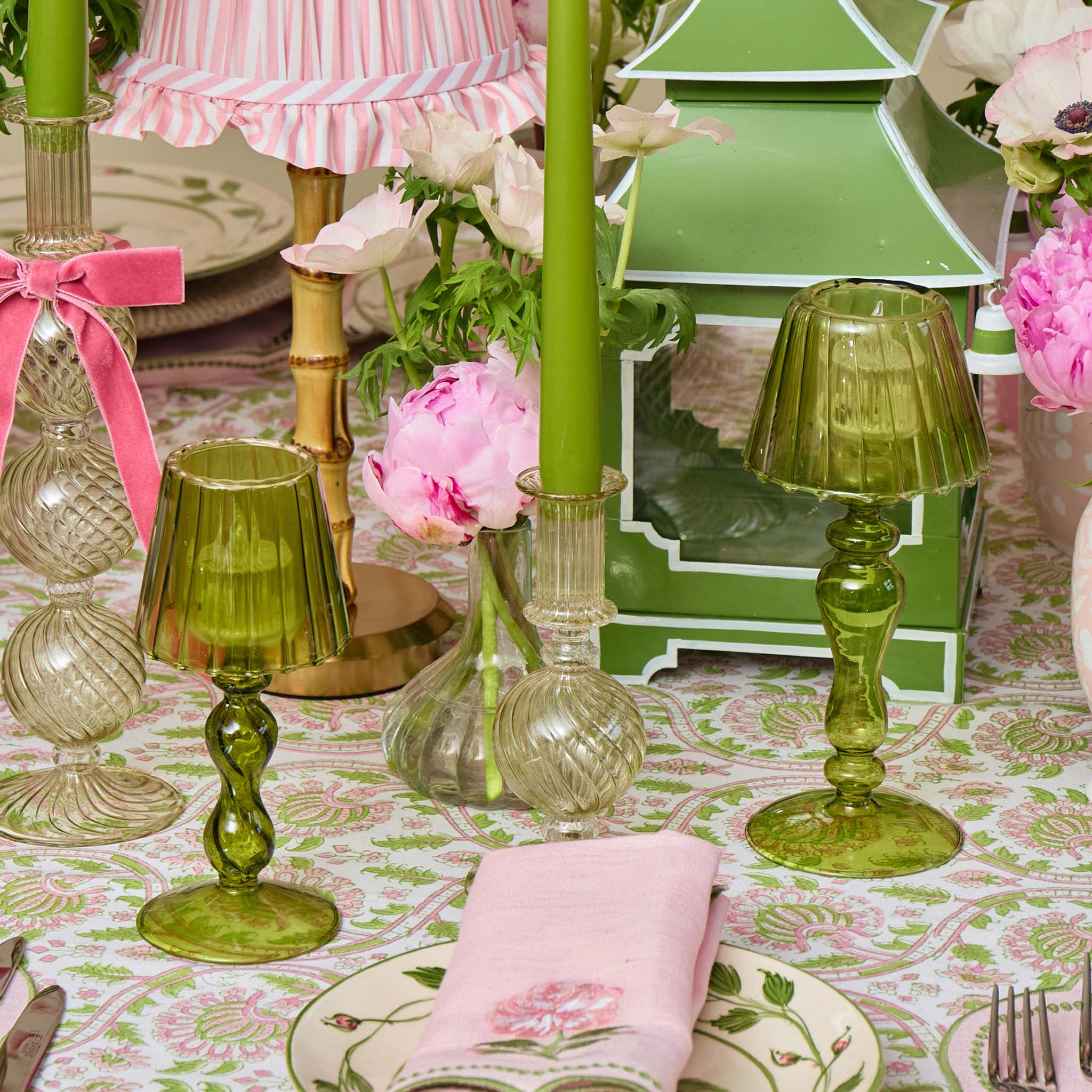 Olive Glass Lantern Tea Light Holder (Pair) - 18 cm