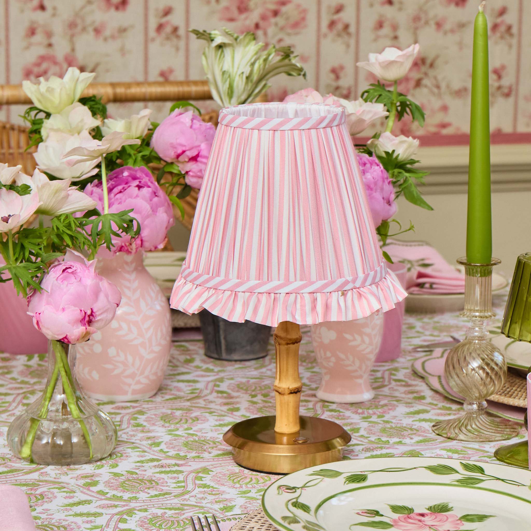 Short Bamboo Rechargeable Lamp with Pink Striped Ruffle Shade (18cm)