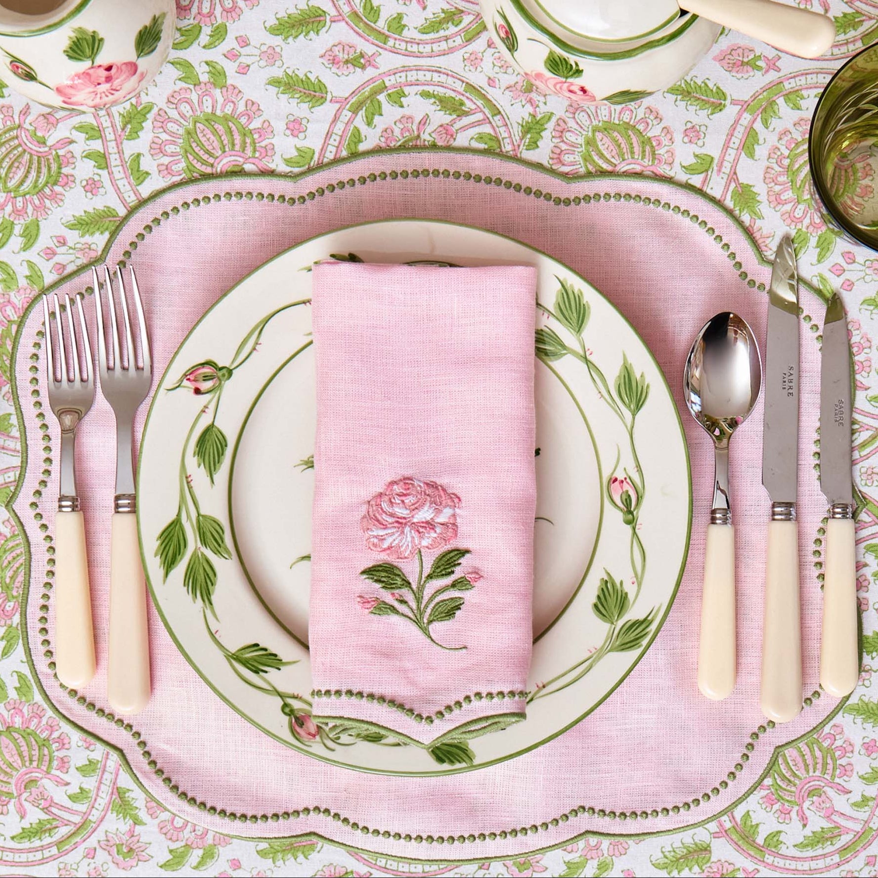 Pink Rose Linen Embroidered Napkins (Set of 4)