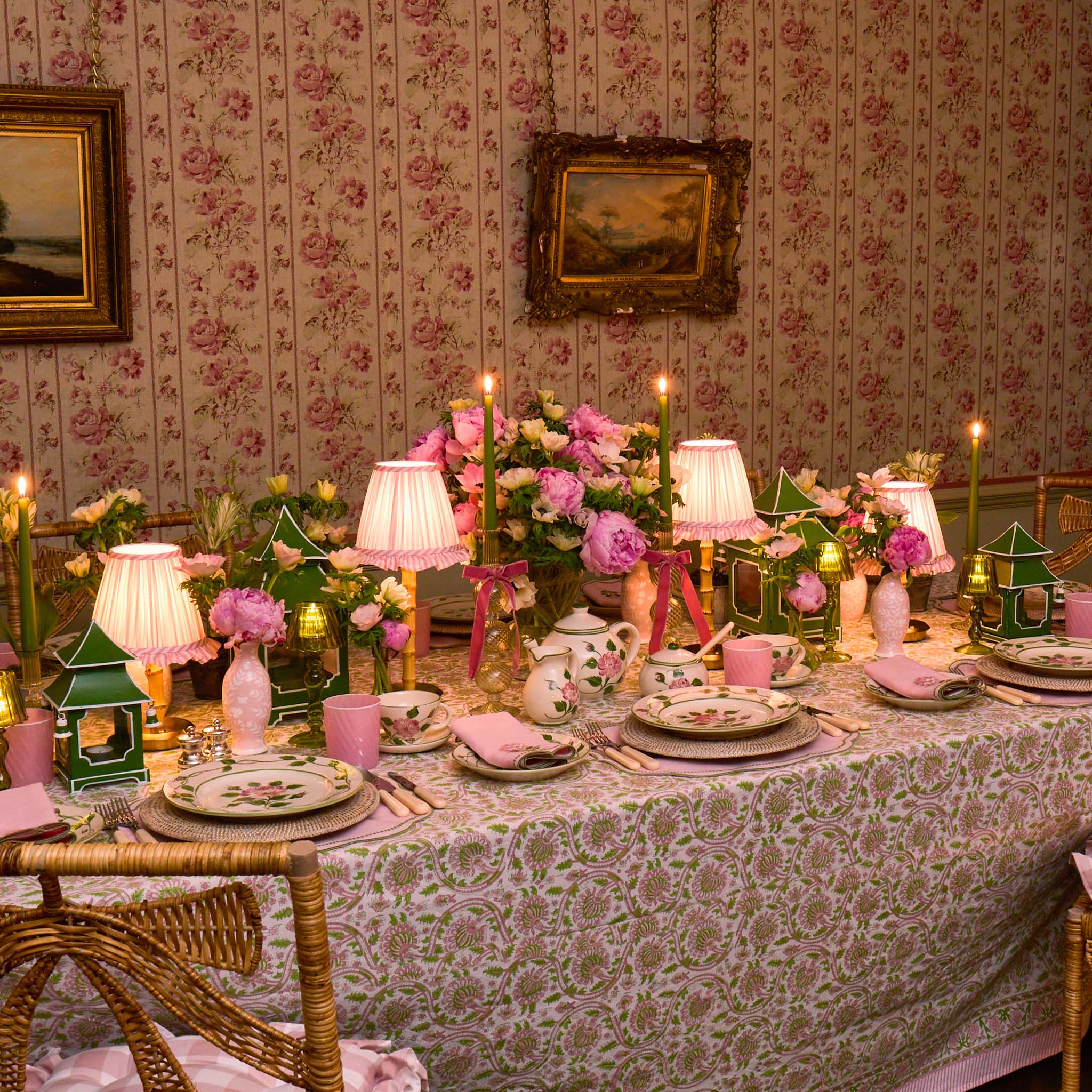 Bamboo Rechargeable Lamp with Pink Stripe Ruffle Shade (18cm)