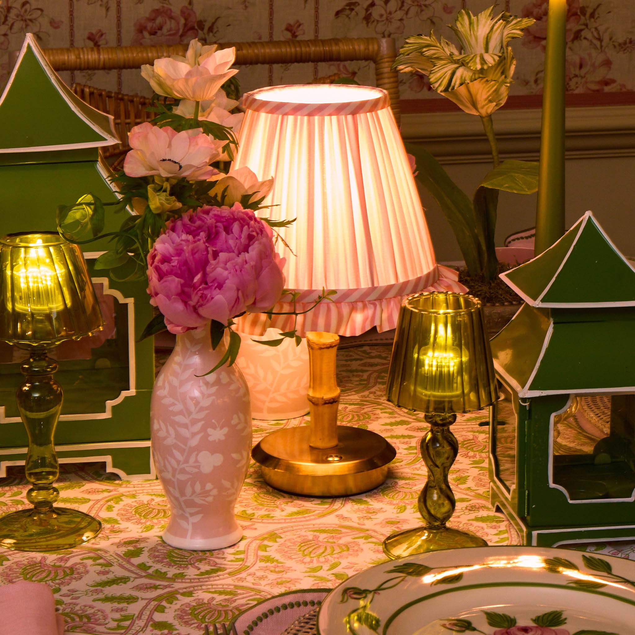 Short Bamboo Rechargeable Lamp with Pink Striped Ruffle Shade (18cm)