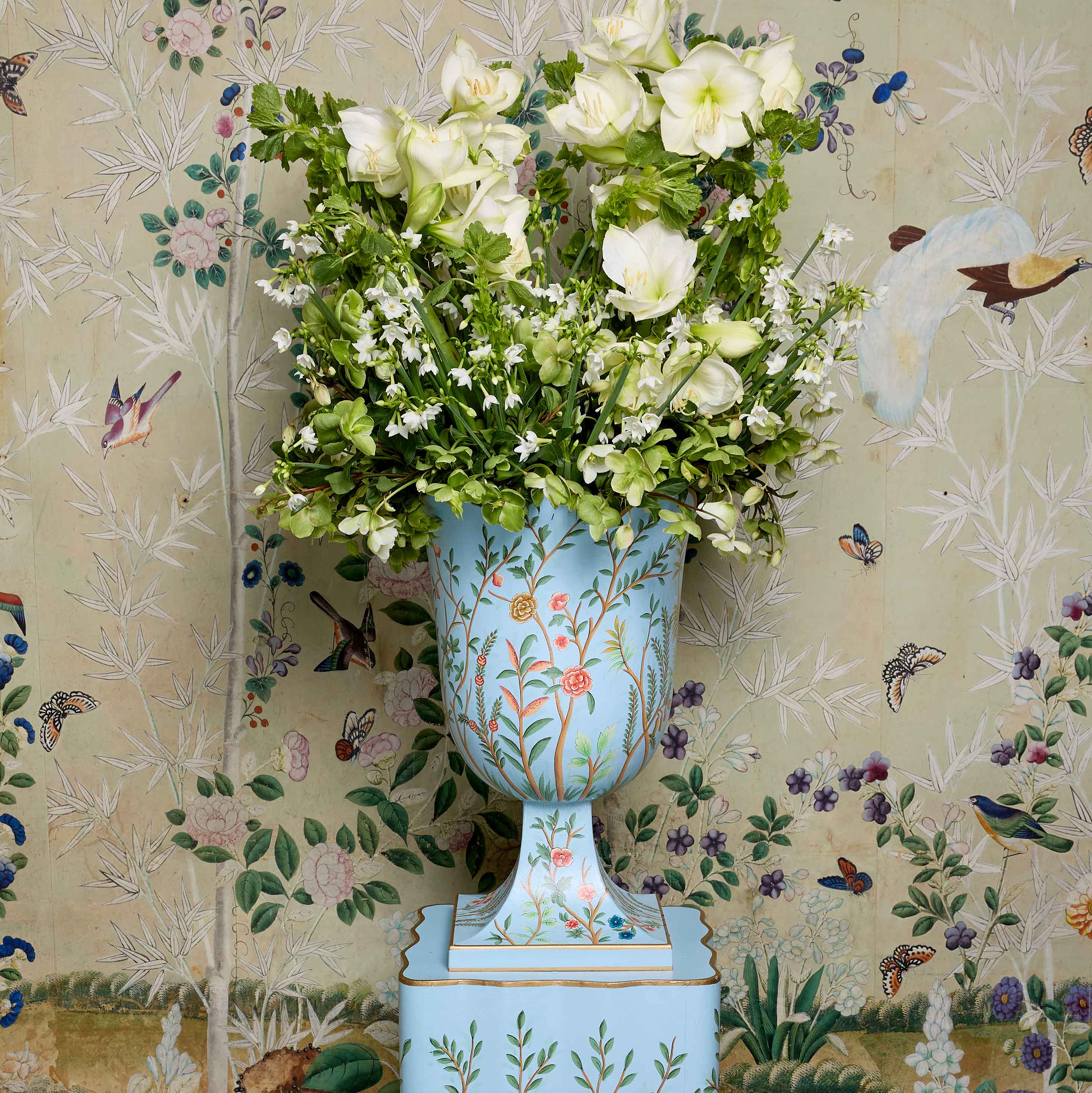Blue Chinoiserie Tole Urn & Pedestal