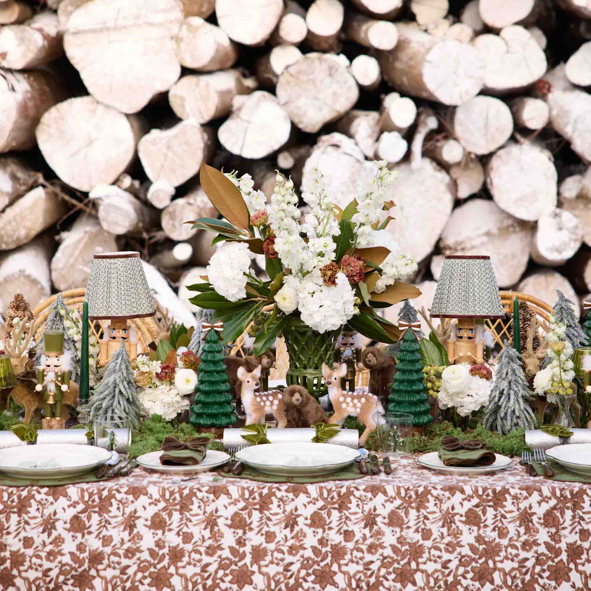 Pair of Nutcracker Rechargeable Lamp with Olive & Chocolate Lotus Shades (18cm)