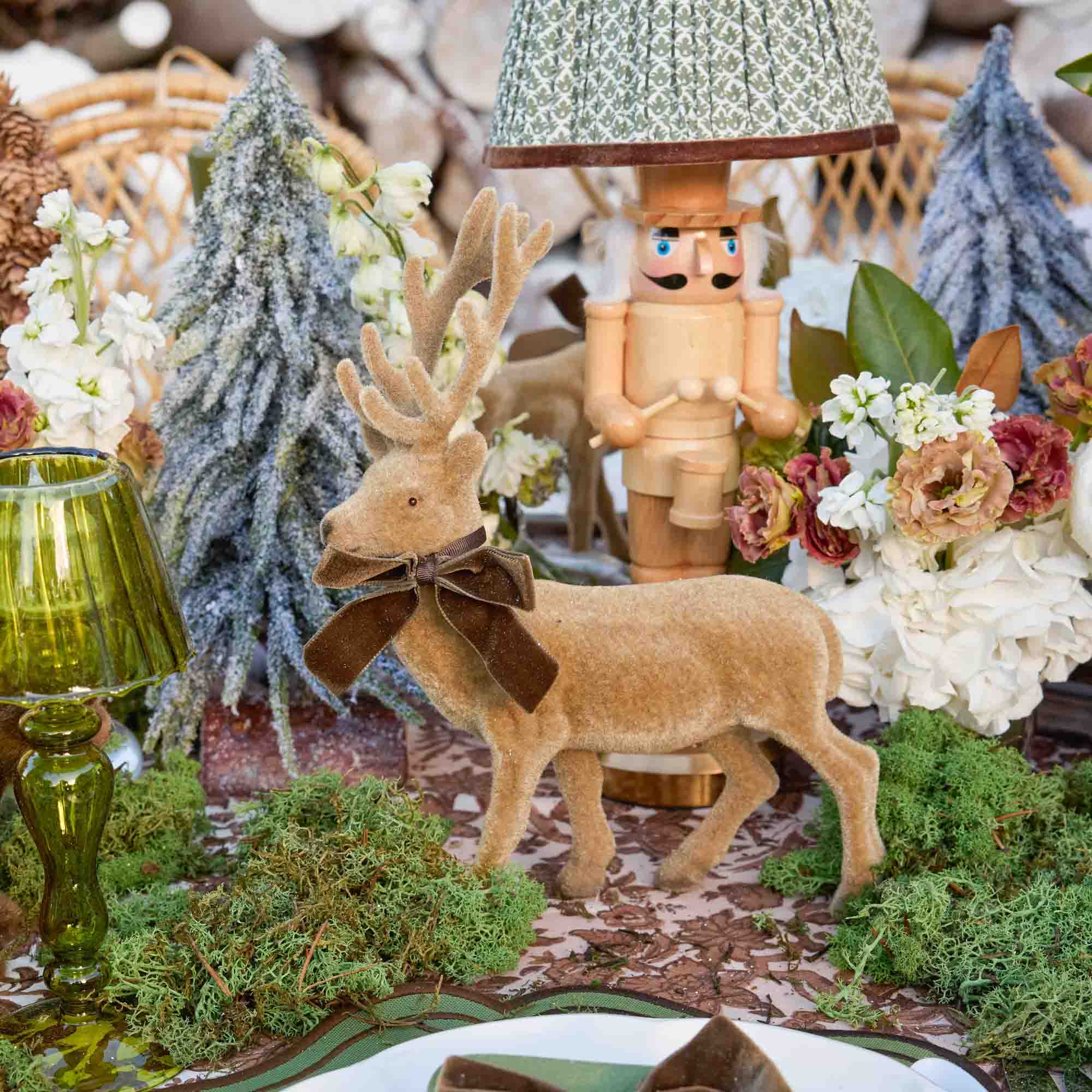 Large Chocolate Ribboned Taupe Flocked Reindeer (Pair)