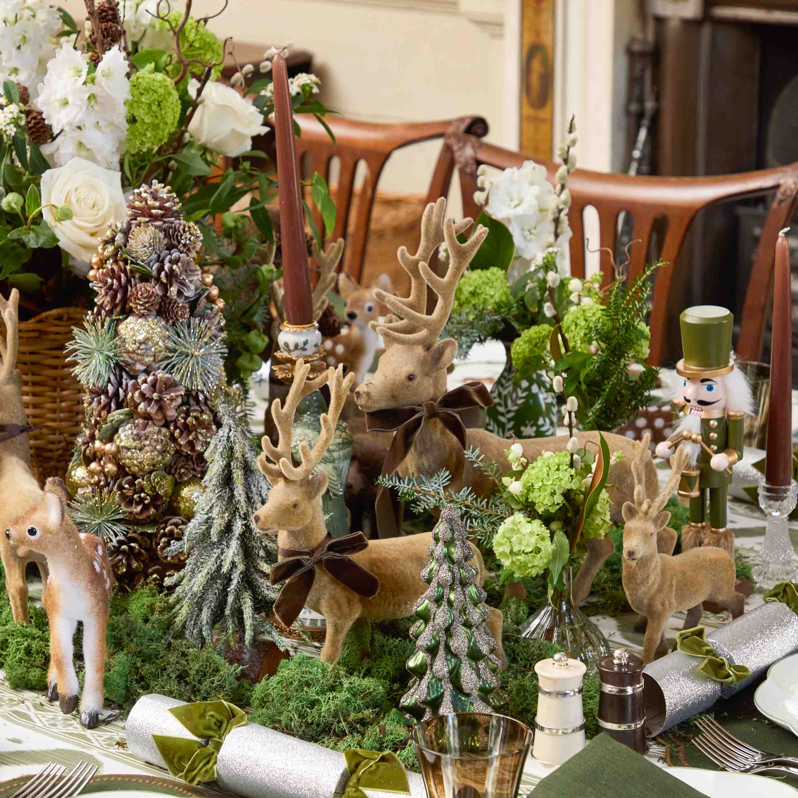 Chocolate Ribboned Taupe Flocked Reindeer (Pair)