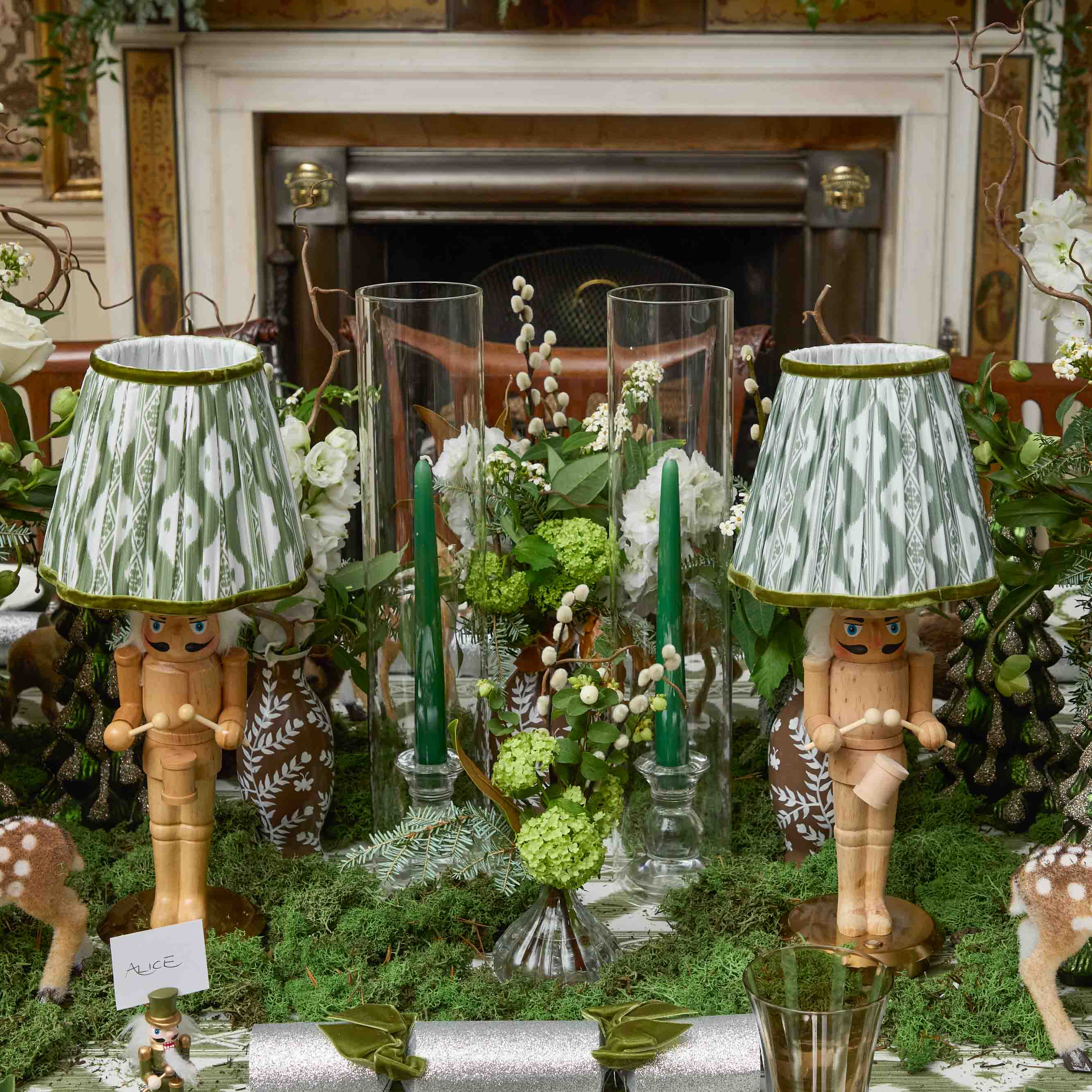 Pair of Nutcracker Rechargeable Lamps with Olive Ikat Shades (18cm)