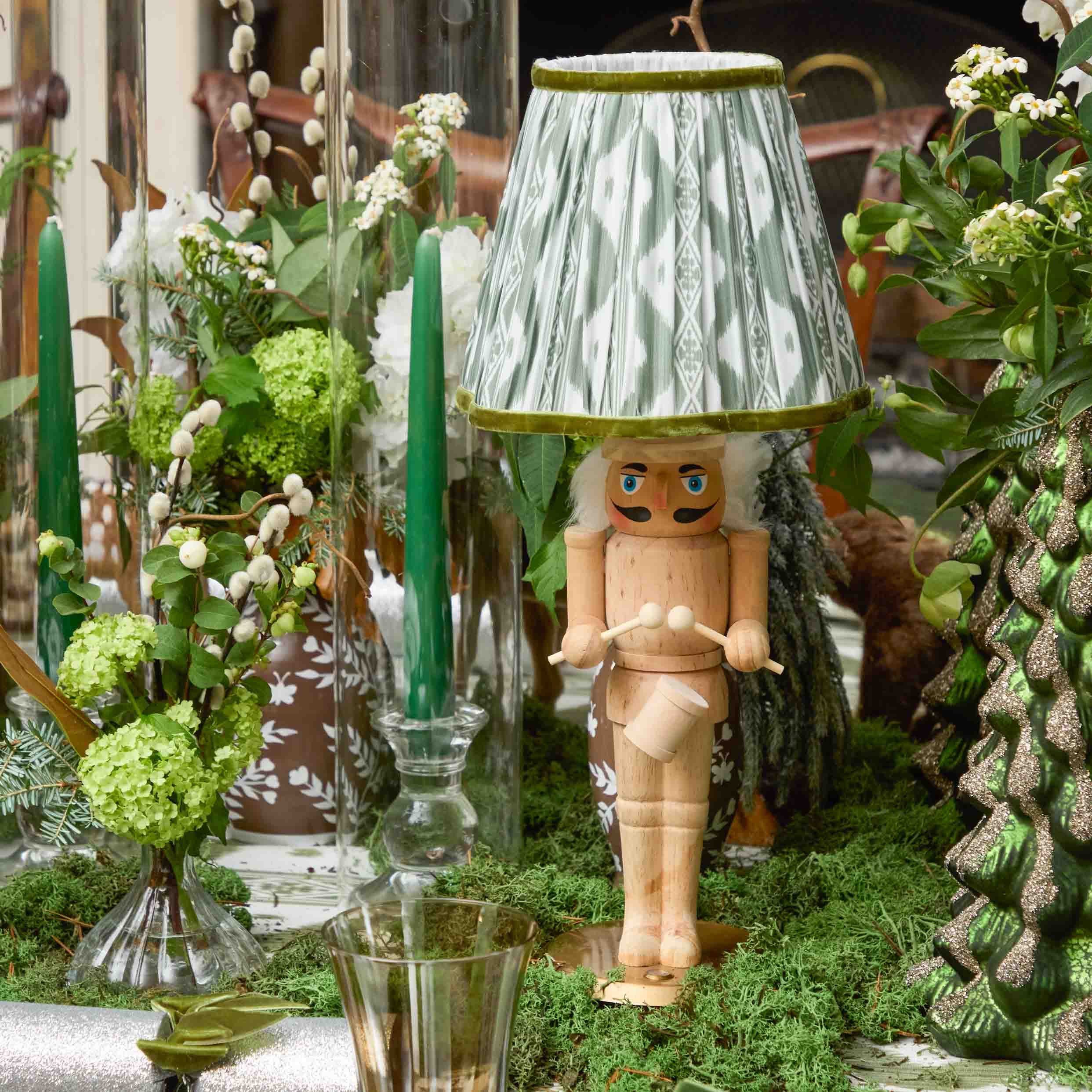 Pair of Nutcracker Rechargeable Lamps with Olive Ikat Shades (18cm)