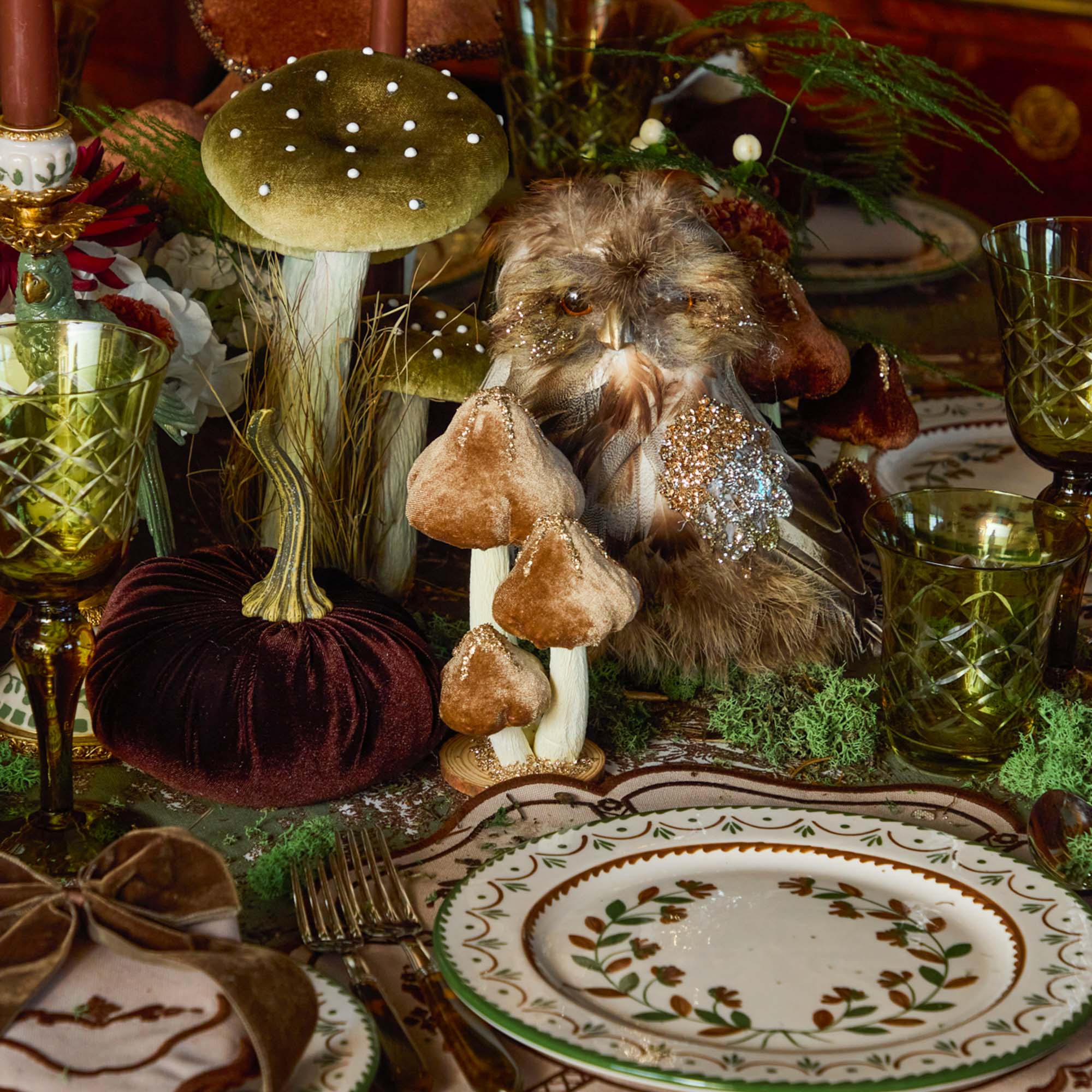 Small Taupe Glitter Velvet Mushroom (Set of 3)