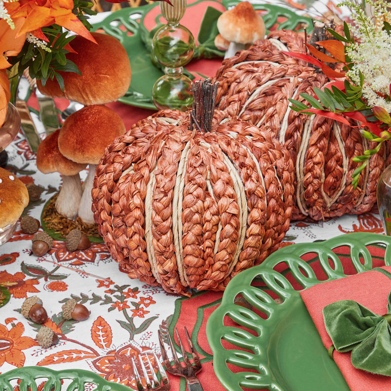 Experience rustic allure with the Burnt Orange Plaited Pumpkin ensemble.