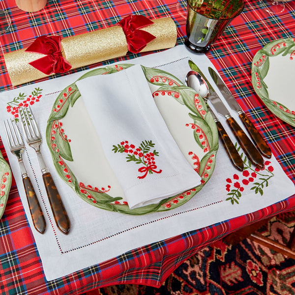 Elevate your dining experience with our Red Berry White Linen Placemats & Napkins, a set of 4 that adds elegance to your holiday table setting.