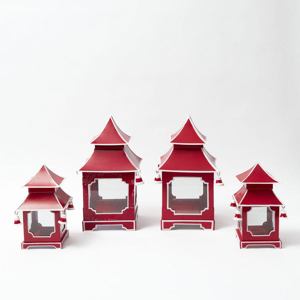 Elevate your holiday decor with this set of Berry Red Pagoda Lanterns.