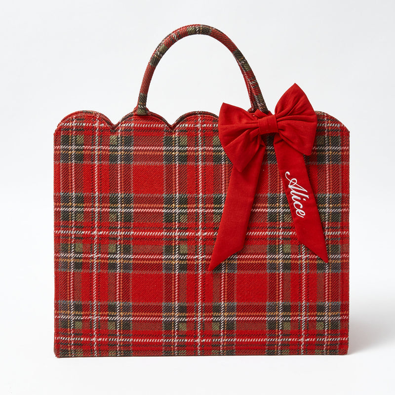 Mrs. Alice Tote Bag (Red Tartan) with a personalized bow for a unique touch.