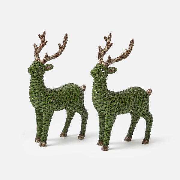 Bring the charm of the winter woods into your home with our Mini Forest Green Rattan Reindeer Pair.