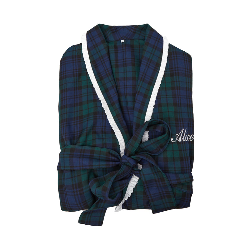 Classic Navy Tartan Robe with Frilled Accents