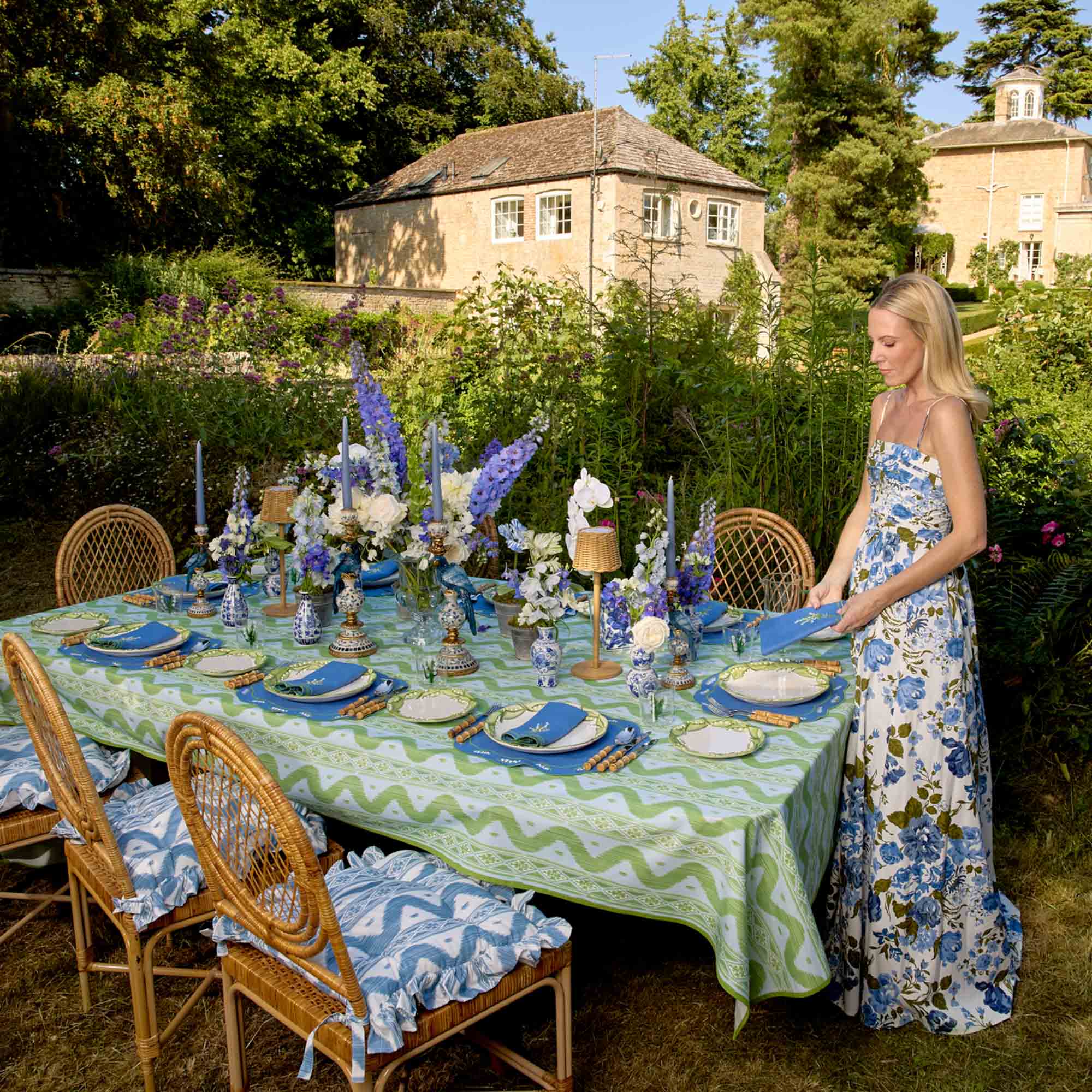 Frilled Blue Ikat Seat Pad Cushions (Set of 4)
