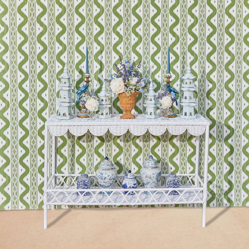 Madeleine White Rattan Scalloped Console Table - Mrs. Alice