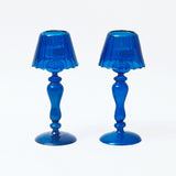 Pair of midnight blue glass lantern tea light holders, each 24 cm in height.