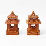 Set of two petite burnt rattan pagoda lanterns for ambient lighting.