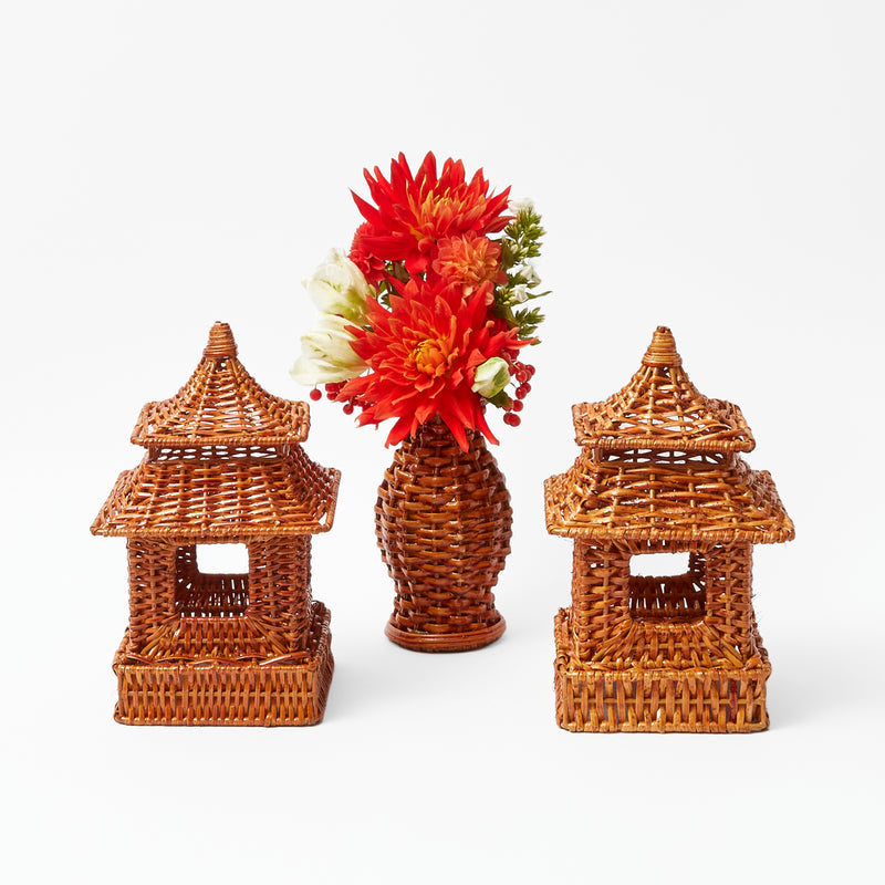 Pair of mini burnt rattan pagoda lanterns, ideal for subtle decor.