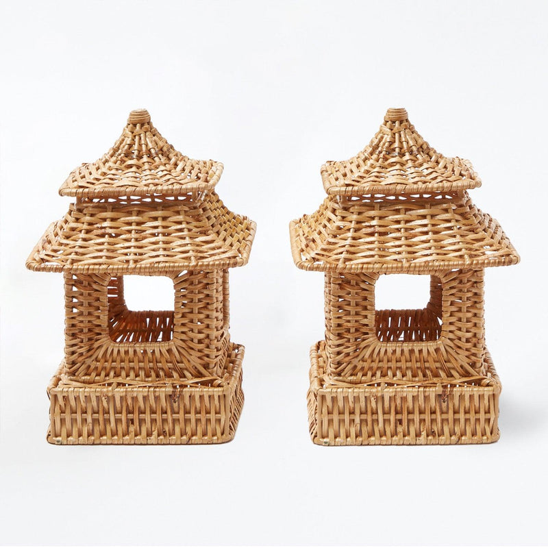 Set of two rattan vases, one pagoda and one urn, for floral displays.