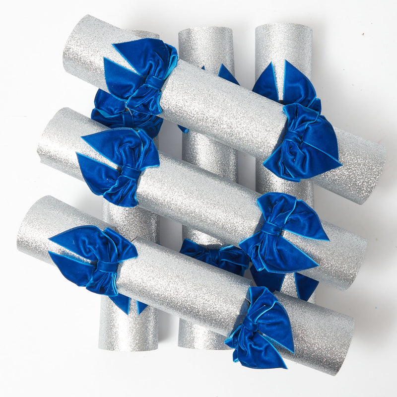 Silver Glitter Crackers With Blue Velvet Bows (Set of 6)