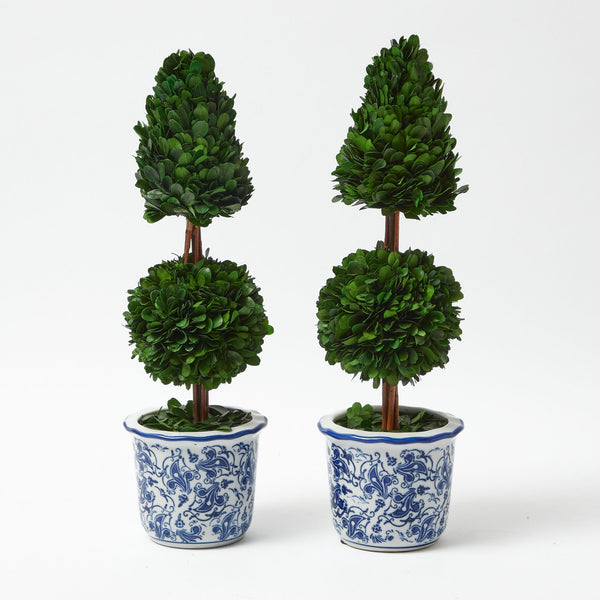 Elevate your decor with the Chinoiserie Potted Boxwood Tree Pair, a classic duo that adds a touch of timeless elegance to your space.