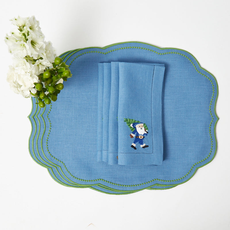 Blue Hand Embroidered Father Christmas Napkins (Set of 4) for festive and joyful dining.