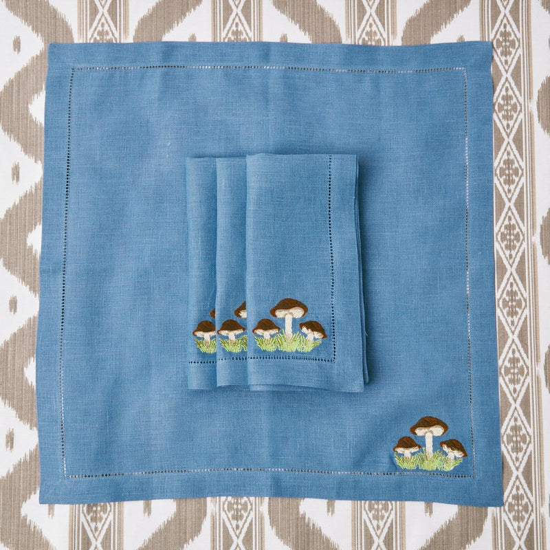 Mushroom Blue Linen Napkins (Set of 4) - Mrs. Alice