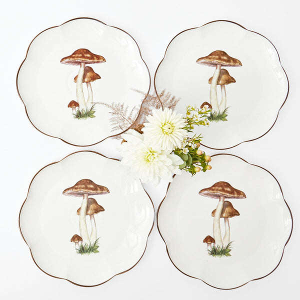 Set of 4 Scalloped Mushroom Dinner Plates: Whimsical charm.