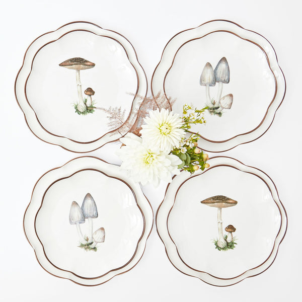 Set of 8 dinner and starter plates featuring scalloped mushroom designs.