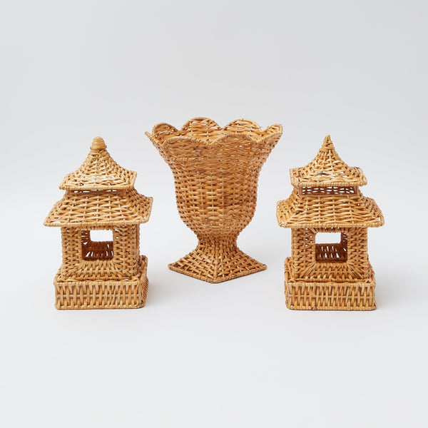 Set of rattan pagoda and urn vases for rustic decor.