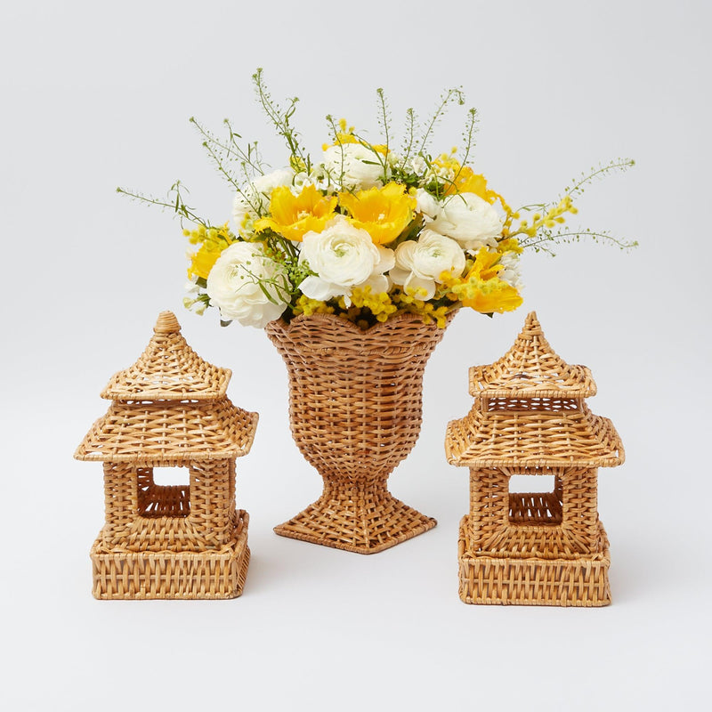 Pair of natural rattan vases designed as pagoda and urn shapes.
