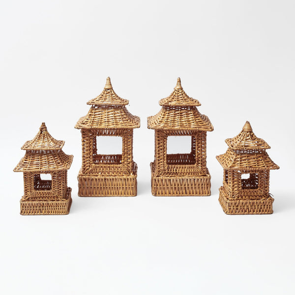Set of pagoda lanterns crafted from natural rattan material.