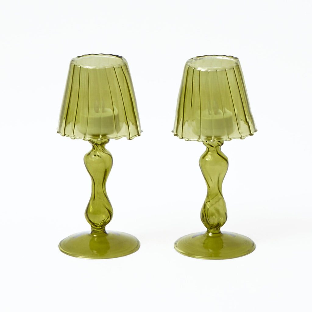 Olive Glass Lantern Tea Light Holder (Pair) 18 cm Mrs. Alice