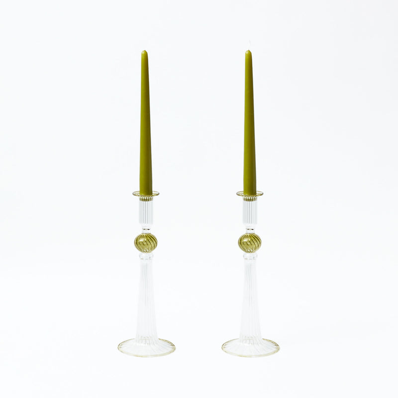 Set of two candle holders featuring the distinctive Paulette Olive style.