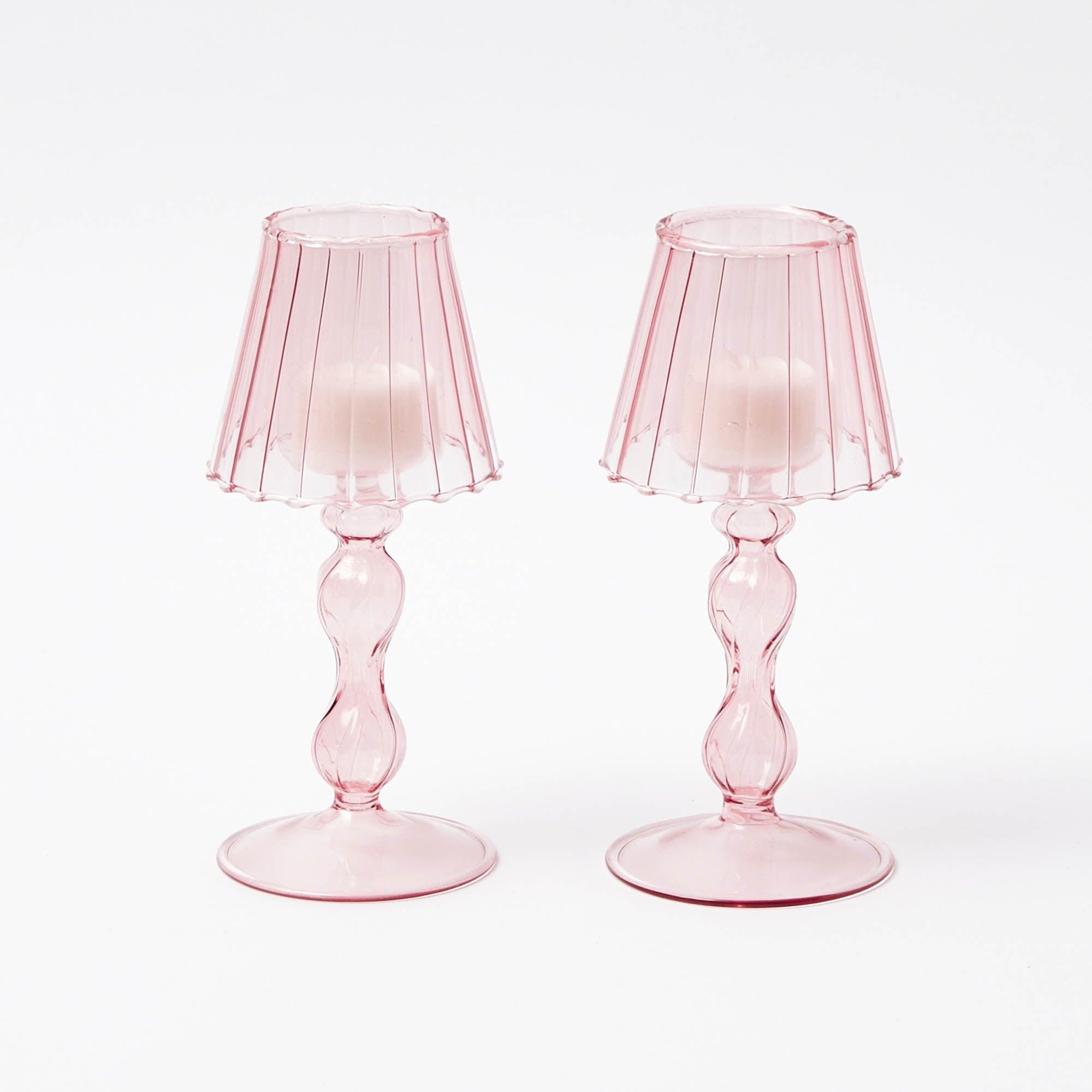 Pink Glass Lantern Tea Light Holder (Pair) - 18cm