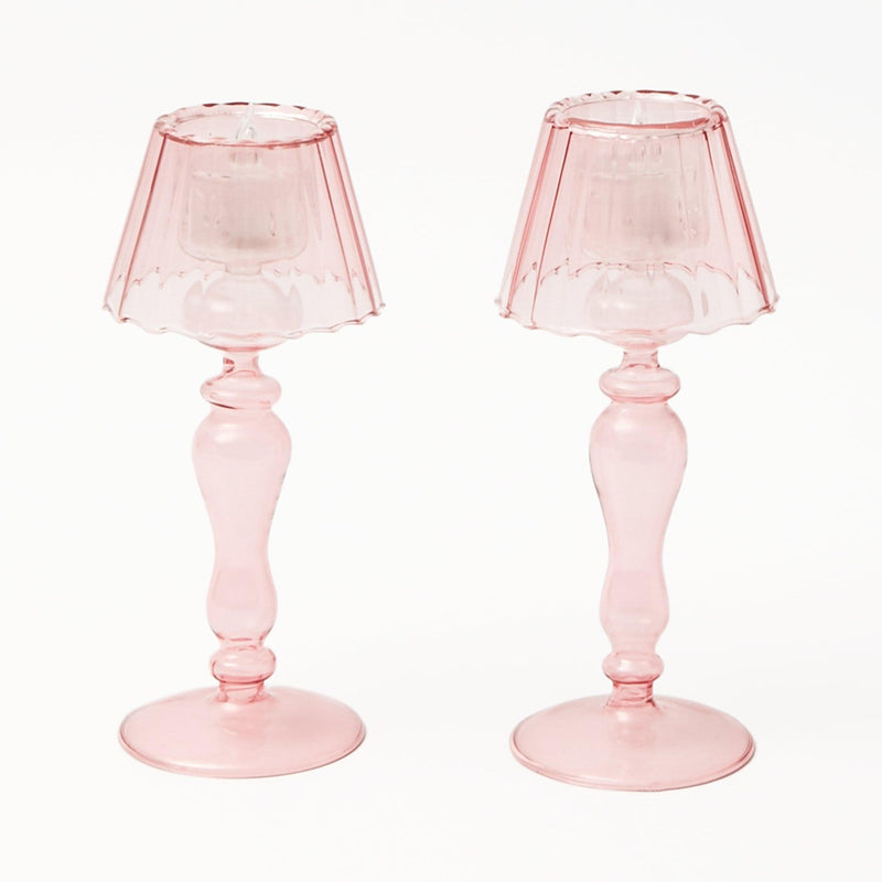Pink Glass Lantern Tea Light Holder (Pair) - 24cm - Mrs. Alice