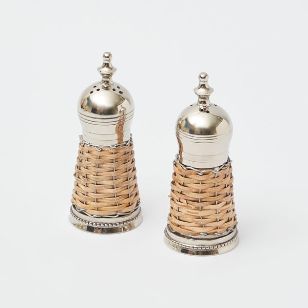Set of salt and pepper shakers crafted elegantly in rattan.