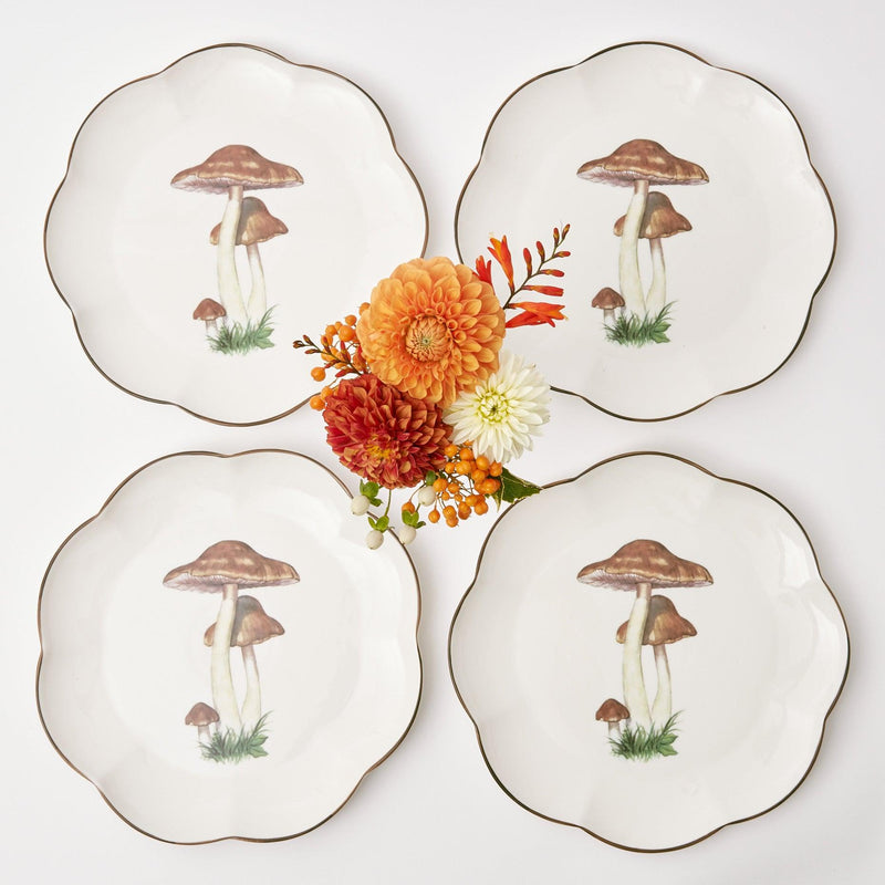 Whimsical charm: Set of 4 Scalloped Mushroom Plates.