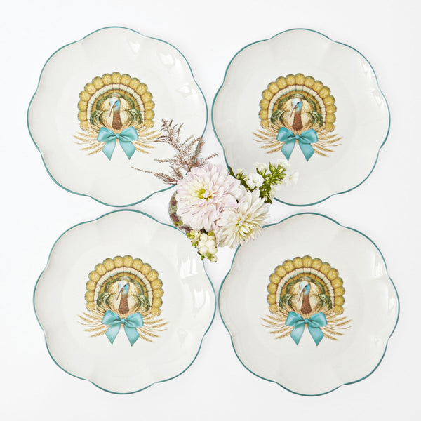 Set of 4 Scalloped Turkey Dinner Plates: Elegant autumnal motifs.